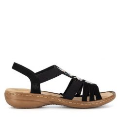 Sandały Rieker. Czarne sandały damskie Rieker, bez wzorów, bez obcasa, na płaskiej podeszwie, bez zapięcia. Za 289.99 zł.