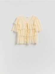 Bluzka z falbanami - złamana biel. Bluzki damskie Reserved, l, bez wzorów, z szyfonu, bez kołnierzyka, bez ramiączek. Za 119.99 zł.