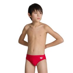 Kąpielówki Arena Dynamo Brief junior. Czerwone kąpielówki dla chłopców Arena, bez wzorów, z materiału. Za 47.91 zł.