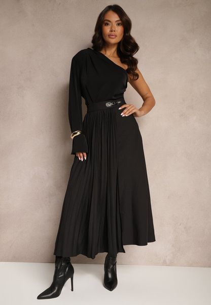 Czarna Plisowana Spódnica z Wiskozą o Trapezowym Kroju i Ozdobną Klamrą Sovlemi. Czarne spódnice damskie Renee, l, bez wzorów, z wiskozy, biznesowe, maxi, proste. Za 69.99 zł.