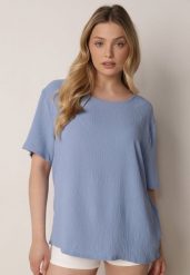 Niebieski Minimalistyczny T-shirt z Teksturowanej Tkaniny z Bawełną Shinost. Niebieskie bluzki damskie Born2be, plus size, bez wzorów, z bawełny, biznesowe, bez kołnierzyka, plus size, bez ramiączek. Za 59.99 zł.