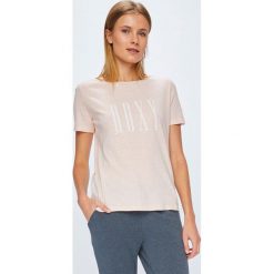 Roxy - Top. Szare topy damskie Roxy, z nadrukiem, z bawełny, z okrągłym kołnierzem, z krótkim rękawem. W wyprzedaży za 59.90 zł.