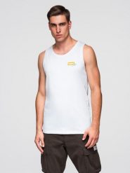 Bawełniany męski tank top z nadrukiem Summer Vibe – biały V2 - Rozmiar: L. Białe t-shirty męskie Ombre Clothing, na lato, l, bez wzorów, z bawełny, eleganckie, bez kołnierzyka. W wyprzedaży za 39.99 zł.