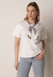 Biały T-shirt z Bawełny w Klasycznym Stylu z Apaszką Bluestel. Białe bluzki damskie Born2be, bez wzorów, z bawełny, biznesowe. Za 69.99 zł.