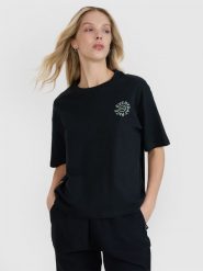 4F T-shirt oversize z nadrukiem damski - czarny L. Czarne koszulki sportowe damskie 4f, l, bez wzorów, z bawełny, klasyczne, bez kołnierzyka. W wyprzedaży za 59.99 zł.