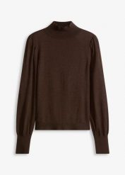 Cienki sweter. Brązowe swetry damskie bonprix, bez wzorów, bez kołnierzyka, bez ramiączek, bez kaptura. Za 99.99 zł.