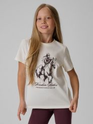 4F T-shirt regular z nadrukiem dziewczęcy - kremowy 152 (11-12 lat). Białe t-shirty i topy dla dziewczynek 4f, bez wzorów, z bawełny, bez ramiączek. Za 49.99 zł.