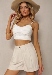 Jasnobeżowe Szorty Typu Bermudy z Bawełną i Lnem High Waist Fiefia. Brązowe szorty damskie Renee, l, bez wzorów, z bawełny, eleganckie, z podwyższonym stanem. Za 69.99 zł.