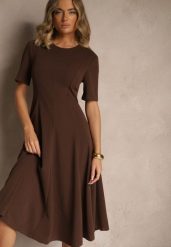 Brązowa Sukienka Rozkloszowana o Taliowanym Fasonie Telaswena. Brązowe sukienki damskie Renee, m, bez wzorów, z materiału, bez kołnierzyka, bez ramiączek, midi, rozkloszowane. Za 99.99 zł.