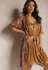 Brązowy Komplet Piżamowy ze Szlafrokiem i Elegancką Koszulą Nocną w Drobne Cętki Seraphim. Brązowe koszule nocne damskie Renee, m, bez wzorów, z materiału. Za 59.99 zł.