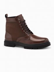 Męskie buty trapery z wysoką cholewką z łączonych materiałów – ciemnobrązowe V2 OM-FOBO-0174 - 46. Brązowe śniegowce i trapery męskie Ombre Clothing, z gumy, przed kolano, bez zapięcia. Za 209.99 zł.