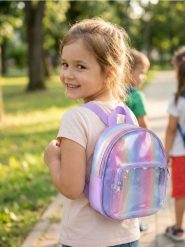 Plecak z holograficznym efektem i przezroczystą kieszenią - różowy. Czerwone torby i plecaki dziecięce Sinsay. Za 32.99 zł.