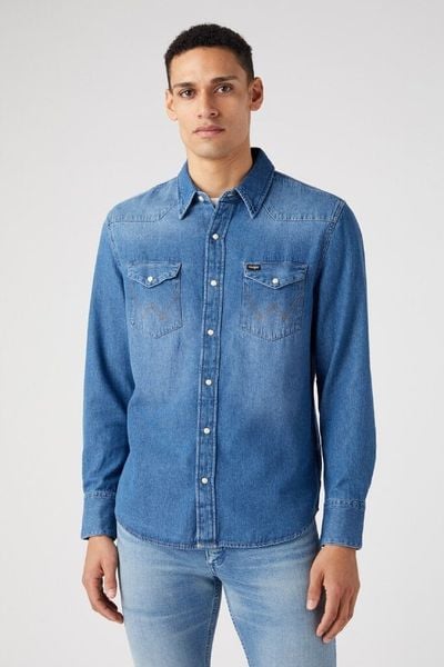 MESKA KOSZULA JEANSOWA WRANGLER 27MW ICON MID STONE 112341913. Niebieskie koszule męskie Wrangler, na zimę, l, bez wzorów, z bawełny, klasyczne, bez kołnierzyka, bez ramiączek. Za 169.99 zł.