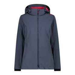 Kurtka turystyczna damska z kapturem i zamkiem CMP. Szare kurtki sportowe damskie CMP, bez wzorów, z softshellu, z kapturem, trekkingowe. Za 403.50 zł.