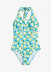 Kostium kąpielowy o lekkim stopniu modelowania sylwetki, z dekoltem halter. Niebieskie kostiumy jednoczęściowe damskie bonprix, bez wzorów. Za 127.99 zł.