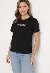 Czarny Bawełniany T-shirt Ozdobiony Napisem Nalaviraen. Czarne bluzki damskie Born2be, l, bez wzorów, z bawełny, eleganckie, bez kołnierzyka. Za 34.99 zł.