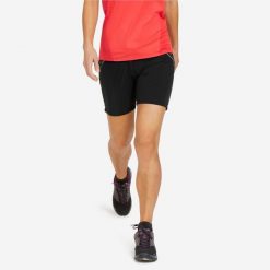 Spodenki turystyczne damskie Quechua MH500. Czarne szorty sportowe damskie QUECHUA, l, bez wzorów, z elastanu, sportowe, trekkingowe. Za 69.99 zł.