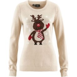 Sweter z okrągłym dekoltem bonprix beżowo-szary. Brązowe swetry damskie bonprix, bez wzorów, bez kołnierzyka, bez ramiączek, bez kaptura. Za 74.99 zł.