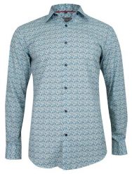 Koszula Wizytowa, Niebiesko-Turkusowa z Długim Rękawem, Drobny Wzór, Taliowana -BELLO- Elegancka. Niebieskie koszule męskie Bello, bez wzorów, z bawełny, biznesowe, bez kołnierzyka, bez ramiączek. Za 169.00 zł.