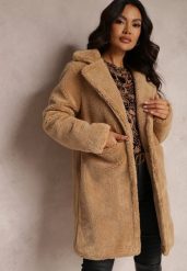 Ciemnobeżowy Płaszcz Futrzany Teddy Alophon. Brązowe płaszcze damskie Renee, na zimę, xl, z aplikacjami, z futra, eleganckie, długie, bez kaptura. Za 89.99 zł.