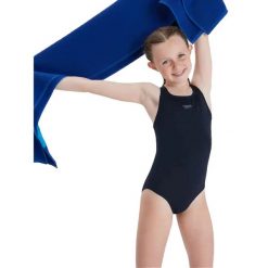 Strój kąpielowy dziecięcy Speedo Eco End Medalist Jf. Niebieskie stroje kąpielowe dla dziewczynek Speedo, bez wzorów, z materiału. Za 82.47 zł.