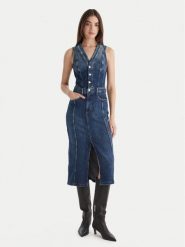 Guess Sukienka jeansowa W5BK40 D0615 Niebieski Regular Fit. Niebieskie sukienki damskie Guess, l, z aplikacjami, z bawełny, bez kołnierzyka, bez ramiączek. Za 399.99 zł.