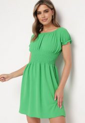 Zielona Rozkloszowana Sukienka Typu Hiszpanka z Gumką w Pasie Tiadella. Zielone sukienki damskie Born2be, na co dzień, na lato, l, bez wzorów, eleganckie, bez kołnierzyka, bez ramiączek, mini, proste. Za 54.99 zł.