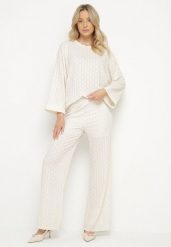 Beżowy Casualowy Komplet Bluzka z Długim Rękawem i Szerokie Spodnie Trulla. Brązowe bluzki damskie Born2be, bez wzorów, z jeansu. Za 159.99 zł.
