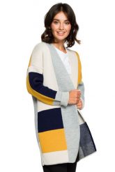 Sweter kardigan narzutka kolorowy geometryczny wzór granat. Kardigany damskie Polskie swetry, s, z aplikacjami, z dzianiny, eleganckie, z asymetrycznym kołnierzem, bez ramiączek, długie, bez kaptura. Za 249.00 zł.