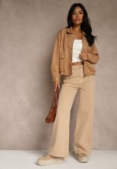 Beżowe Jeansy High Waist Wide Leg z Surowo Zakończonymi Nogawkami Rhelnell. Brązowe jeansy damskie Renee, z podwyższonym stanem. Za 99.99 zł.
