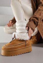 Brązowe Śniegowce na Platformie Ozdobione Futerkiem i Przeszyciami Linerva. Brązowe śniegowce i trapery damskie Renee, z jeansu. Za 109.99 zł.