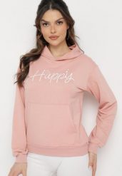 Różowa Bluza z Kapturem Ozdobiona Nadrukiem Aidirra. Czerwone bluzy damskie Born2be, l, bez wzorów, z kapturem. Za 79.99 zł.