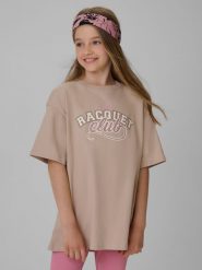 4F T-shirt oversize z nadrukiem dziewczęcy - beżowy 146/152 (10-12 lat). Brązowe t-shirty i topy dla dziewczynek 4f, bez wzorów, z bawełny, bez ramiączek. Za 59.99 zł.