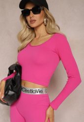 Fuksjowa Dopasowana Bluzka w Prążki o Krótkim Kroju Elowenia. Czerwone bluzki damskie Renee, bez wzorów, sportowe, bez kołnierzyka, bez ramiączek. Za 44.99 zł.