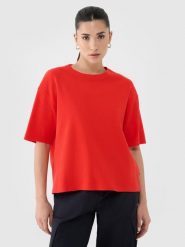 4F T-shirt regular z waflowej dzianiny damski - czerwony XS. Czerwone koszulki sportowe damskie 4f, xs, bez wzorów, z bawełny, bez kołnierzyka, bez ramiączek. W wyprzedaży za 39.99 zł.