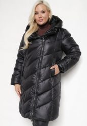 Czarna Pikowana Kurtka z Kapturem i Kieszeniami na Napy Inasia. Czarne kurtki damskie Born2be, xl, bez wzorów, z jeansu, z kapturem. Za 249.99 zł.
