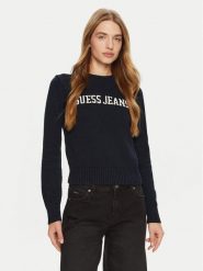 Guess Jeans Sweter W4BR10 Z3HM1 Niebieski Regular Fit. Niebieskie swetry damskie Guess Jeans, xxl, z aplikacjami, z bawełny, bez kołnierzyka, bez ramiączek, bez kaptura. Za 339.99 zł.