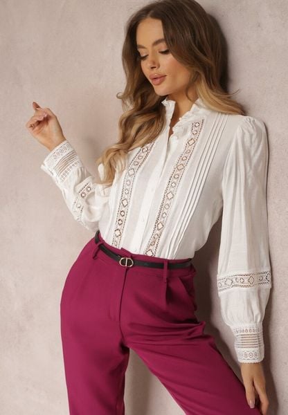 Biała Koszula ze Stójką i Koronką Phaeninca. Białe bluzki damskie Renee, l, bez wzorów, z koronki, eleganckie, bez kołnierzyka, bez ramiączek. Za 99.99 zł.