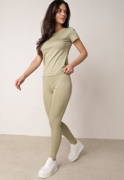 Zielone Legginsy w Stylu Basic z Wyszczuplającym Pasem Samertes. Zielone legginsy damskie Born2be, l, bez wzorów, z jeansu. Za 34.99 zł.