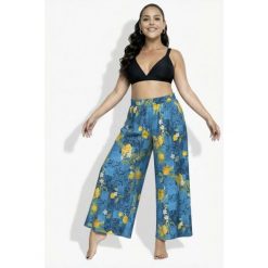 Damskie Spodnie palazzo cytryny szeroka nogawka elastyczny pas. Niebieskie spodnie materiałowe damskie Ulla Popken, plus size, bez wzorów, z materiału, na jogę i pilates. Za 239.99 zł.