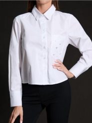 Koszula - biały. Białe koszule damskie Sinsay, l, z aplikacjami, z bawełny, bez kołnierzyka, bez ramiączek. W wyprzedaży za 19.99 zł.