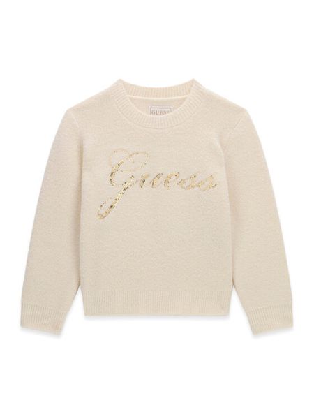 Guess Sweter K6BR01 Z1279 Kremowy Regular Fit. Białe swetry dla dziewczynek Guess, z aplikacjami, bez kołnierzyka, bez ramiączek, bez kaptura. Za 214.99 zł.