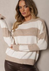 Beżowy Sweter ze Ściągaczami Ozdobiony Pasami z Wełną Tiarosea. Brązowe swetry damskie Renee, bez wzorów, z jeansu, casualowe, bez kołnierzyka, bez ramiączek, długie, bez kaptura. Za 119.99 zł.