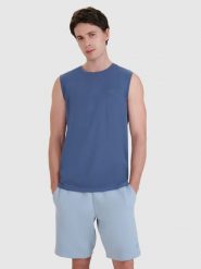 4F Tank top regular gładki męski - granatowy XL. Niebieskie koszulki sportowe męskie 4f, m, bez wzorów, z bawełny, klasyczne, bez kołnierzyka. Za 49.99 zł.