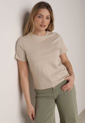 Beżowy Bawełniany T-shirt w Klasycznym Stylu Hetita. Brązowe bluzki damskie Born2be, m, bez wzorów, z bawełny, klasyczne, bez kołnierzyka, bez ramiączek. Za 69.99 zł.