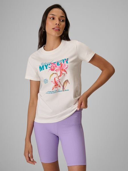 4F T-shirt regular z nadrukiem damski - biały L. Białe t-shirty damskie 4f, l, bez wzorów, z bawełny, klasyczne, bez kołnierzyka. Za 69.99 zł.