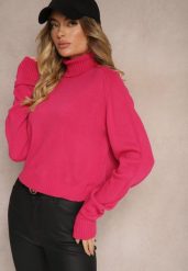Fuksjowy Luźny Golf o Klasycznym Fasonie z Prążkami na Ściągaczach Basum. Czerwone swetry damskie Renee, m, bez wzorów, z jeansu, eleganckie, bez kołnierzyka, bez ramiączek, bez kaptura. Za 99.99 zł.