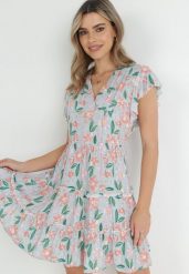 Miętowa Sukienka Taliowana z Wiskozy w Kwiaty Adomisia. Zielone sukienki damskie Born2be, na lato, m, bez wzorów, z wiskozy, bez kołnierzyka, bez ramiączek, mini. Za 74.99 zł.