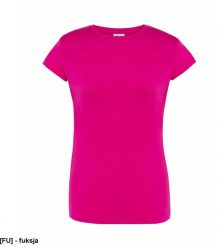 JHK T-shirt damski JHK - premium z krótkim rękawem, dopasowany do sylwetki, single jersey, 170 g fuksja M. Czerwone t-shirty damskie JHK, m, bez wzorów, z jersey, bez kołnierzyka. Za 14.08 zł.