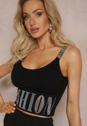 Czarny Top Krótki Ozdobiony Cyrkoniami i z Regulowanymi Ramiączkami Okkela. Czarne bluzki damskie Renee, s, bez wzorów, bez kołnierzyka, bez ramiączek. Za 34.99 zł.